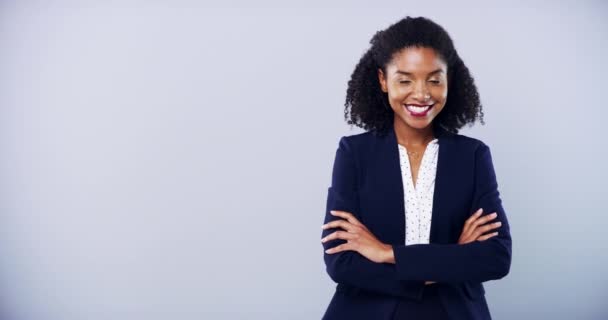 Studio, happy black woman and thumbs up for corporate agreement, feedback opinion vote and well done. Mockup space, portrait and agent with yes icon, motivation or emoji like sign on white background. - Footage, Video