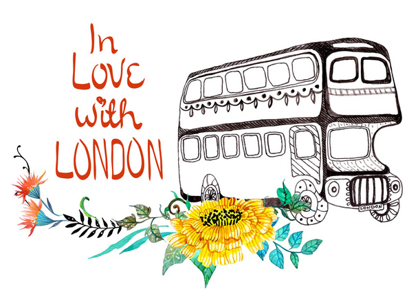 London bus with watercolor flowers - Vector, afbeelding