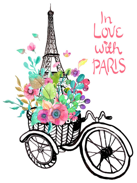 Eiffel tower with watercolor flowers - Vector, afbeelding