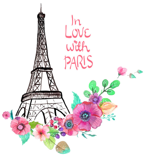 Eiffel tower with watercolor flowers - Вектор,изображение