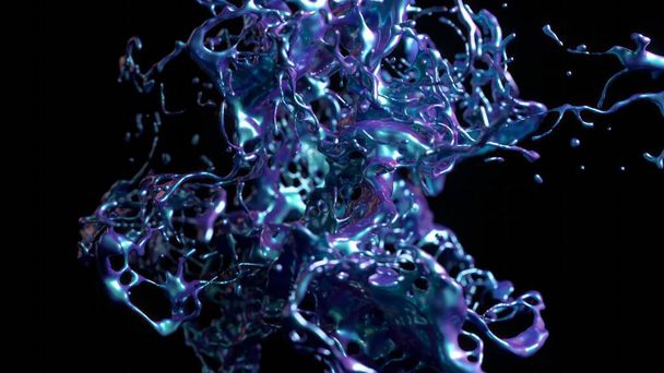 Salpicadura líquida abstracta en la ilustración 3D, con tonos iridiscentes y movimiento fluido dinámico contra un fondo oscuro. - Foto, imagen