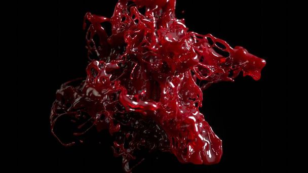 Tummanpunainen nestemäinen räjähdys 3D-kuvassa, joka tallentaa erittäin yksityiskohtaisen, dynaamisen roiskeen karua mustaa taustaa vasten. - Valokuva, kuva