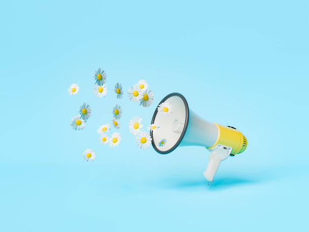 3D rendering of a yellow megaphone with white daisy flowers emerging on a soft blue background, spring advertisement concept - Fotografie, Obrázek