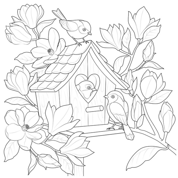 Birds in the birdhouse on a magnolia branch. Black and white. Art therapy Coloring page for kids and adults. Page for relaxation and meditation. Vector contour illustration. - Vektör, Görsel