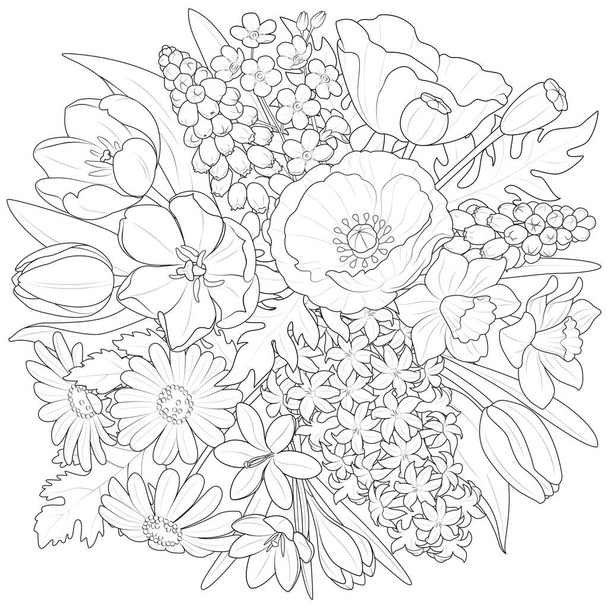 Simple hand drawn vector drawing in black outline. Bouquet of wildflowers isolated on a white background. For prints of postcards. Gift, birthday, March 8. Art therapy. Vector illustration - Vector, Image