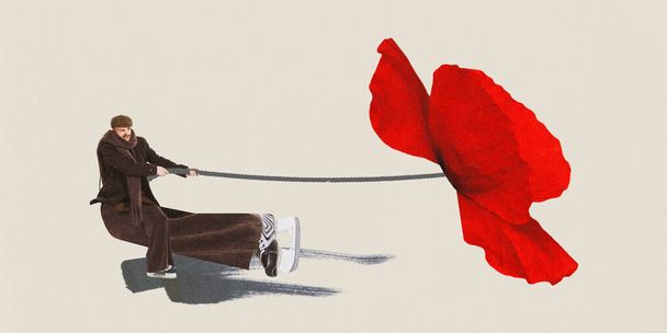 Poster. Contemporary art collage. Young man on skates carrying huge poppy symbolizing romance and love from France. Concept of culture and traditions, journey and adventures, travelling. - Valokuva, kuva