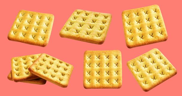 Square crackers isolated or biscuits, butter cookies with clipping path, no shadow in pink background - Foto, immagini
