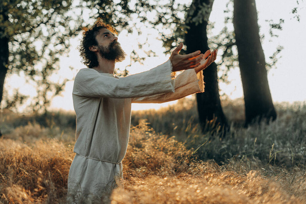 Jesus Christ Alone in the Garden, Meditating and Praying - Photo, Image