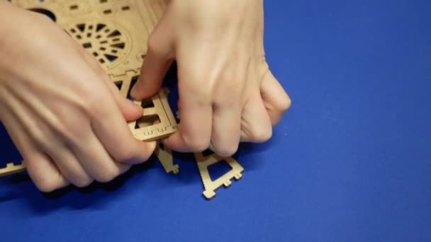 A child extracts elements from a child's wooden constructor blank. - Video