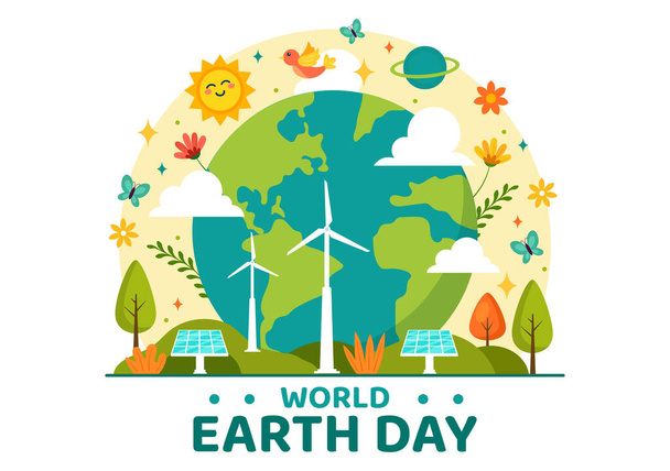 Giornata Mondiale della Terra Illustrazione vettoriale il 22 aprile con mappa del mondo e piante o alberi per rendere più verde la consapevolezza in ambiente Flat Cartoon Background - Vettoriali, immagini