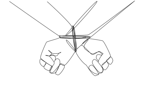 Single continuous line drawing seen from behind, the entrepreneur's hands are tied. Greedy entrepreneur. Committing bribery to control strategic assets. Arrested. One line design vector illustration - Vektor, obrázek