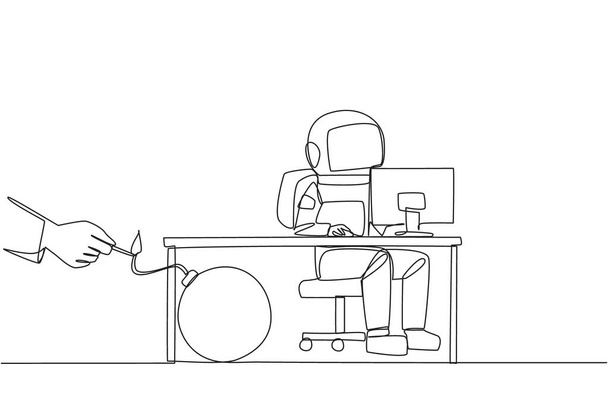 Single one line drawing astronaut typing at a computer desk. Trapped by business partner. A bomb that could explode at any time. Betrayed by a colleague. Continuous line design graphic illustration - Vettoriali, immagini