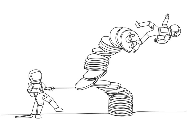 Single one line drawing astronaut pull one of a piles of coins who made the person on top fall. Business fraud. Misappropriation of office money. Traitor. Continuous line design graphic illustration - Vettoriali, immagini
