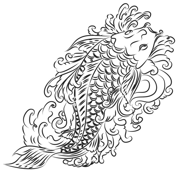 koi carp vector isolate for tattoo.Japanese carp drawing.Hand drawn line art of Koi carp. Vector isolated. Idea for tattoo and coloring books.Traditional Japanese culture element for printing on wall. - Vektor, kép