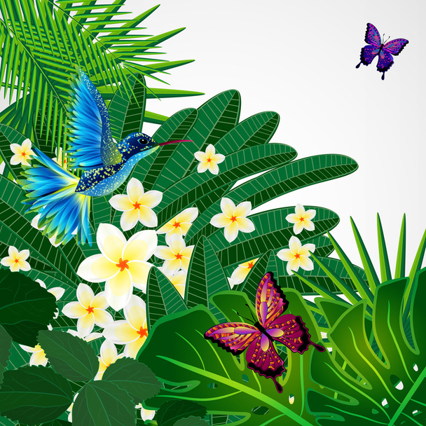 鳥、蝶とトロピカル花柄背景. - ベクター画像