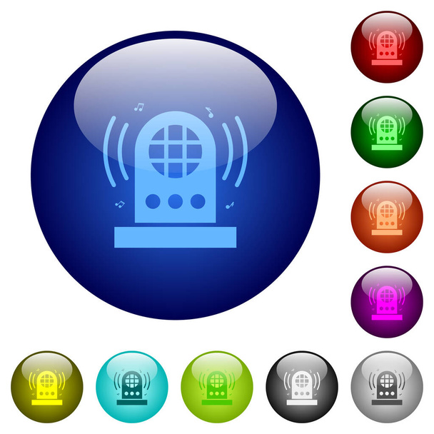 Jukebox icons on round glass buttons in multiple colors. Arranged layer structure - Vector, Image