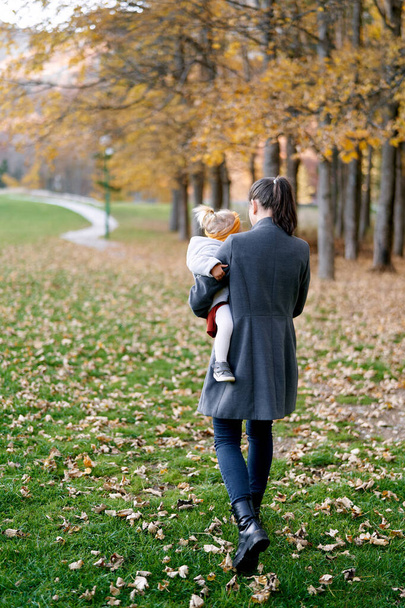 Mama z małą dziewczynką w ramionach spaceruje po zielonej trawie w parku. Widok z tyłu. Wysokiej jakości zdjęcie - Zdjęcie, obraz