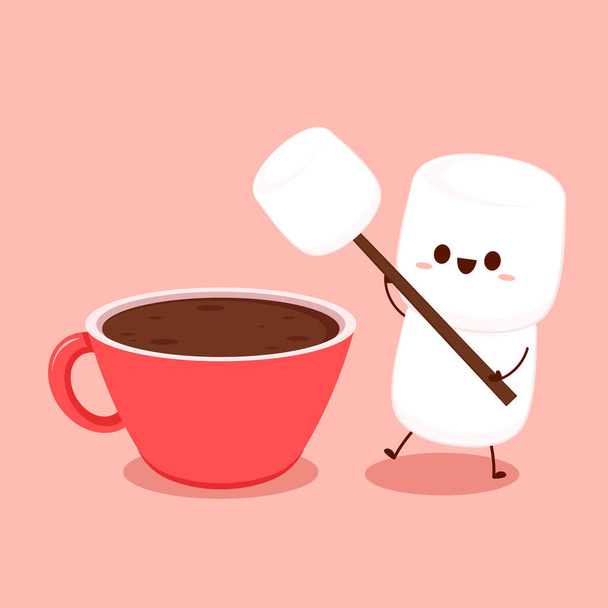 Pile of marshmallows on Cocoa. Cocoa with marshmallows in a red cup. A mug of hot chocolate or cocoa in which marshmallows. Flat vector illustration. Dessert character design. - Vector, Image