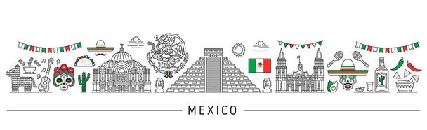 Η σιλουέτα του Μεξικού. Μεξικάνικα ταξιδιωτικά αξιοθέατα. Λατινική Αμερική ταξίδι χώρα διάνυσμα γραμμή φόντο με Inca πυραμίδα, το Μεξικό Palace of Fine Arts και τον καθεδρικό ναό, Tex Mex τροφίμων και Ημέρα των Νεκρών σύμβολα - Διάνυσμα, εικόνα