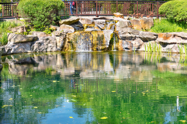 A waterfall sparkling in the sun's rays in a summer pond in the landscape design of a summer park. - Foto, Imagem