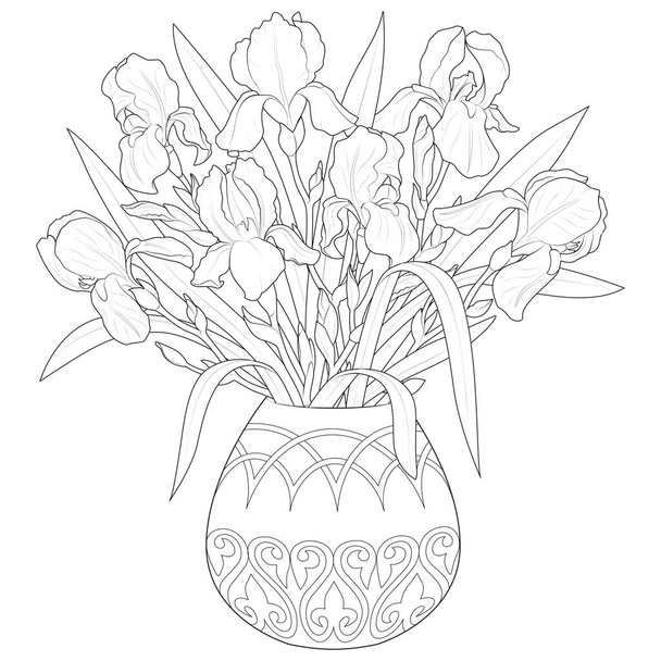Vase with irises black and white Coloring page for kids and adults. Irises, spring flowers. Bouquet in a vase. Vector illustration - Вектор, зображення