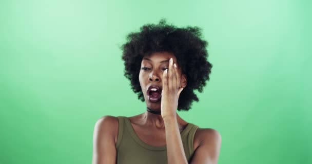 Tired, yawn and black woman with green screen, fatigue and low energy on studio background. Person girl and model with insomnia, sleepy or bored with burnout, sleepless and wake up with mockup space. - Footage, Video