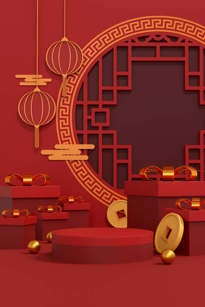 Happy chinese new year 2024 the dragon zodiac sign with red and gold charm, Symbolizing prosperity and richness. Luxurious 3D illustrations for festive greeting cards and podium displays - Zdjęcie, obraz