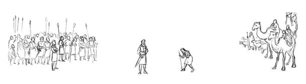 レトロな古い時代のラメ男性ツイン歩くぐったり大きな鎧戦争ガード腕部隊行人間の群衆白いフィールドの土地のシーン中東黒の手を描かれたユダヤ神の信仰の子供キャンプ物語イスラム教徒の漫画アートスケッチ - 写真・画像
