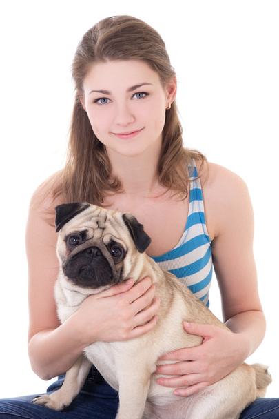 young beautiful woman holding pug dog isolated on white  - Fotoğraf, Görsel