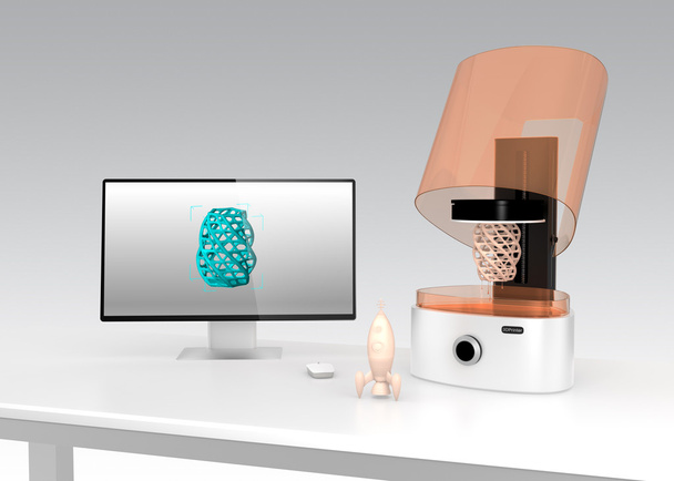Imprimante 3D SLA et ordinateur de bureau sur une table
 - Photo, image
