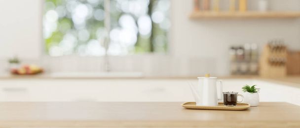 Kopírovací prostor pro zobrazení vašeho výrobku na dřevěném stolku s kávovou konvicí a šálkem kávy v minimální světlé kuchyni. detailní záběr. 3D vykreslení, 3D ilustrace - Fotografie, Obrázek