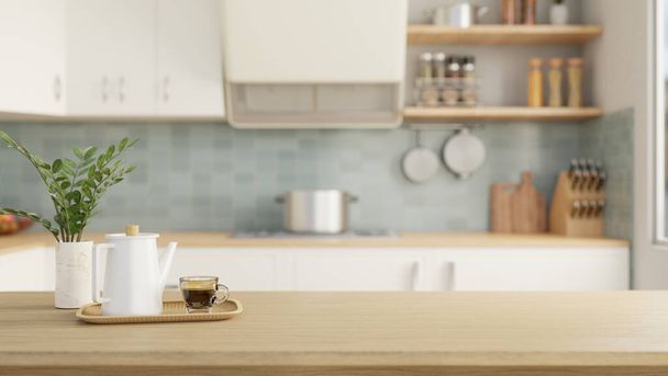 Imagen de cerca de una mesa de madera con una cafetera, una taza de café y un espacio de copia para mostrar su producto sobre un fondo borroso de una cocina moderna. 3d render, ilustración 3d - Foto, imagen