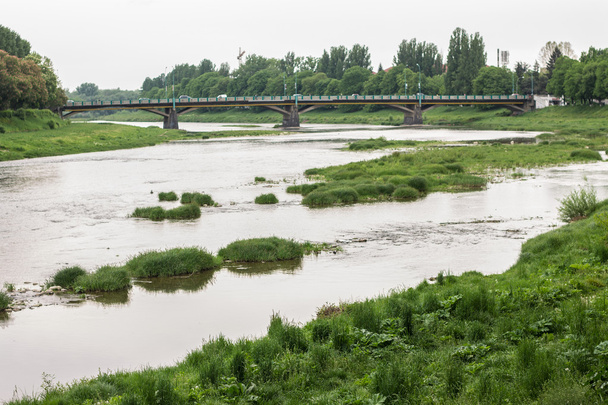 Joki virtaa kaupungissa ja vihreä ruoho pankit
 - Valokuva, kuva