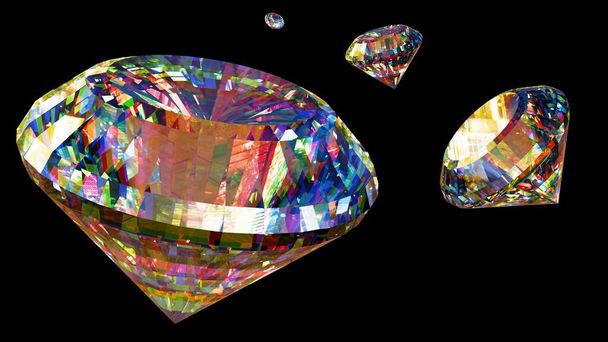Renderização 3D de diamantes redondos e em forma de pêra em uma sombra profunda de fundo preto. Os diamantes estão todos brilhando brilhantemente, e suas facetas refletem a luz como pequenos espelhos. - Foto, Imagem