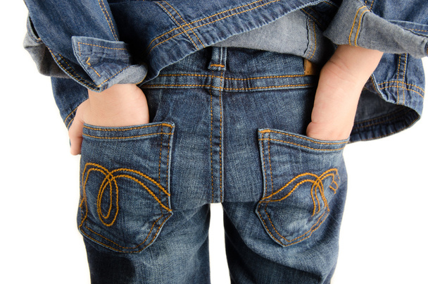 Close up pcoket back of jean pants on white background - Foto, imagen