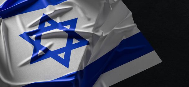 Bandera de Israel. Tela texturizada bandera de Israel aislada sobre fondo oscuro. Ilustración 3D - Foto, imagen