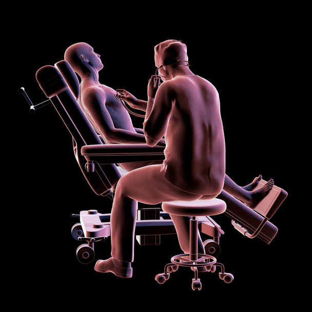 3D ilustrace zobrazující lékaře vyšetřujícího pacienta na lékařském kole, zajišťující pečlivou péči. - Fotografie, Obrázek