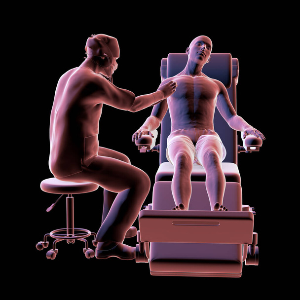 Illustration 3D représentant un médecin examinant un patient sur une roue médicale, assurant des soins approfondis. - Photo, image