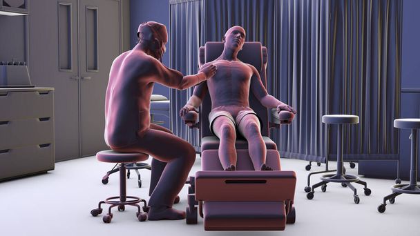 3D illusztráció, amely egy orvost ábrázol, aki orvosi keréken vizsgál meg egy beteget egy kórházi felvételi szobában, biztosítva az alapos ellátást. - Fotó, kép
