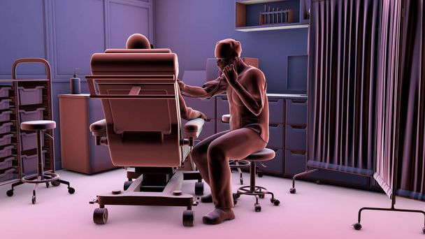 3D ilustrace zobrazující lékaře vyšetřujícího pacienta na lékařském kolečku v nemocniční přijímací místnosti, zajišťující pečlivou péči. - Fotografie, Obrázek