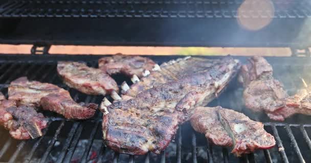 Гриль барбекю використовується для гарячого диму різноманітних соковитих свинячих м'яса - Кадри, відео