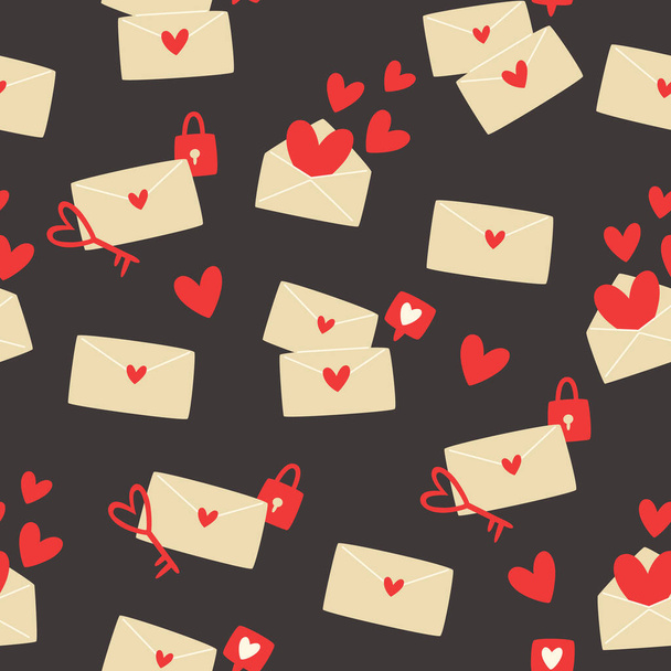Saumaton kuvio kirjekuoret ja sydämet Ystävänpäivä mustalla taustalla - Vektori, kuva