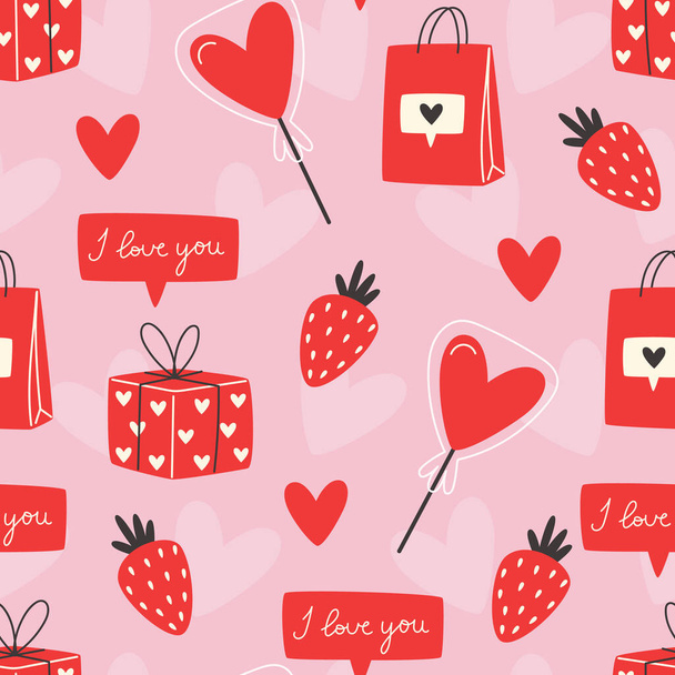 Dia dos Namorados padrão sem costura com pirulito, caixas de presente e morangos - Vetor, Imagem
