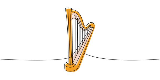 Lyre, wooden harp, string instrument one line colored continuous drawing. Musical instruments continuous one line illustration. Vector minimalist linear illustration. Isolated on white background - Vector, Image