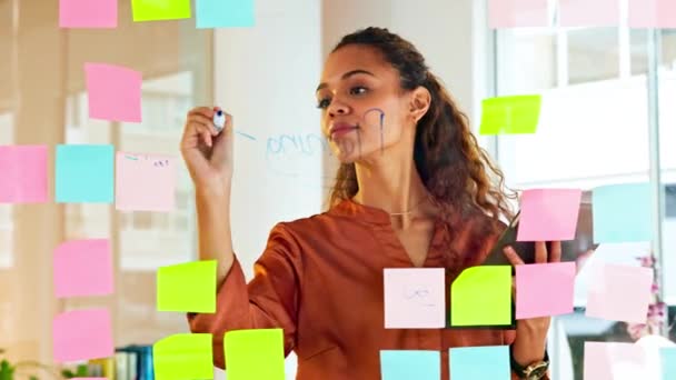 A female designer planning ideas on a glass wall with colorful sticky notes inside a modern and creative office. Busy business woman enjoying her job while brainstorming projects and managing project. - Video, Çekim