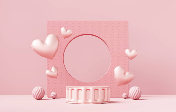 Podio minimale rosa con cuore e decorazione per la visualizzazione del prodotto rendering 3d  - Foto, immagini