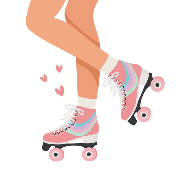 Retrorullaluistimilla ja sukilla istuvan tytön jalat. Nainen rullaluistimilla. Retro kuva tasainen tyyli. Vektori - Vektori, kuva