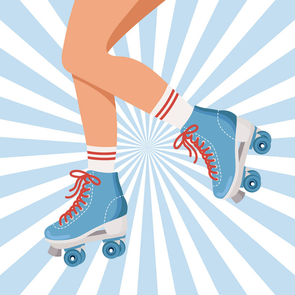 レトロなローラーのスケートと靴下の女の子の足. ローラースケートの女性。 フラットスタイルのレトロなイラスト. ベクター - ベクター画像