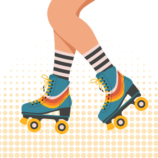 Ноги девушки в ретро роликах и носках. Женщина на роликовых коньках. Ретро-иллюстрация в плоском стиле. Вектор - Вектор,изображение