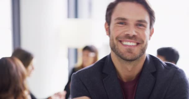 Happy businessman, face or meeting in office for new job, opportunity or startup workshop. Smile, portrait or creative male employee in boardroom for designer teamwork, collaboration or global agency. - Footage, Video